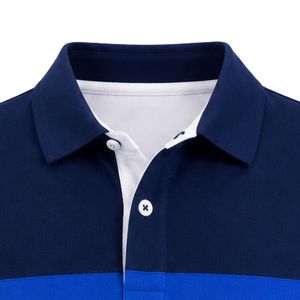 <b>Navy</b> Royal Blue Color Block Striped <b>Polo</b> <b>Shirt</b> Short Sleeve Collared Button Front Casual Sports Golf Teamwear Uniform with Crest - Product Image 2