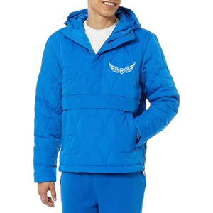 Men's Blue <b>Quilted</b> Hooded Jacket With Embroidered Logo Windproof <b>Winter</b> Casual Outerwear - Product Image 1