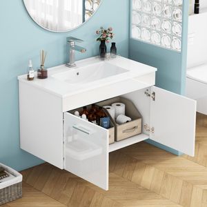 32-Inch Wall Mounted <b>Bathroom</b> <b>Vanity</b> with Double Doors Soft Close Sink Combo Luxury Wall Mount <b>Bathroom</b> Cabinet - Product Image 5