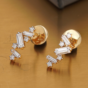 14K Gold Fine Stud <b>Earrings</b> 0.99 CT Baguette Round Lab Grown Diamond Zigzag Design - Product Image 3