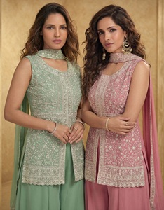 ชุดชาราร่าดีไซเนอร์ ผ้าจอร์เจตต์ลายดาว ประดับเลื่อมปักลายลาคนาวี งานปักประณีต สง่างาม เหมาะสำหรับงานเทศกาล ชุดพื้นเมืองสำหรับผู้หญิง ชุดแต่งงาน - Product Image 3