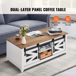 Mesa de Centro Rectangular Estilo Rústico de 48 Pulgadas con 2 Puertas Corredizas y 2 Niveles, Estantes Laterales de Madera Rústica Extraíbles - Product Image 2