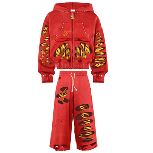 Custom Streetwear Heavyweight Acid Wash Tracksuit <b>Crop</b> <b>Zip</b> <b>Up</b> Hoodie and Distressed Rhinestone Sweatpants Set - Product Image 1
