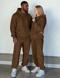 Unisex Brown Hooded <b>Tracksuit</b> Set Solid Color Cotton Full Length Casual Wear With Side Pockets Drawstring Closure Autumn Style - Product Image 4