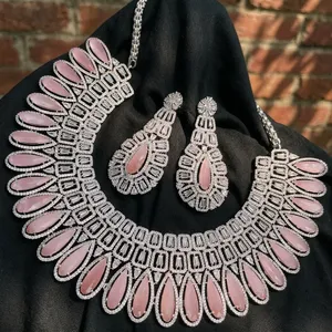 Luxury Silver Plated <b>Statement</b> <b>Necklace</b> Set with Marquise Cut Cubic Zirconia and Matching Earrings for Women Party Jewelry - Product Image 2