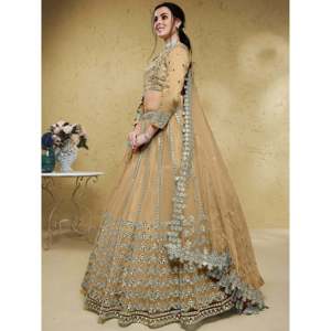 Stunning Beige Foil Work <b>Net</b> Wedding Lehenga Choli with Dupatta for Women - Product Image 5