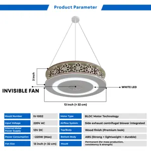 Ventilateur de plafond invisible moderne avec lumière LED, moteur BLDC de 13 pouces, finition bois, compact, 220V, économie d'énergie, décoration intérieure - Product Image 4