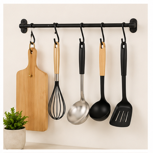 Premium Stainless Steel Wall Mounted Kitchen Utensil Rack Heavy Duty Hanging Rail with 5 Removable S <b>Hooks</b> for Pots Pans - Product Image 2