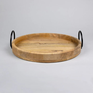 Plateau de service rond en bois d'acacia artisanal de qualité supérieure, prix d'usine, avec poignées métalliques robustes, élégant, écologique, décoration d'intérieur - Product Image 4