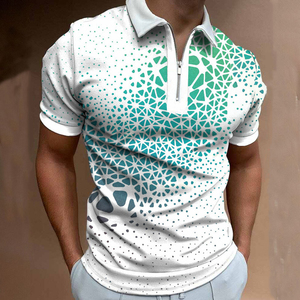 Men's <b>White</b> Geometric Print <b>Polo</b> Shirt Short Sleeve Zipper Collar Breathable Sporty Style 100% Polyester Knitted Fabric - Product Image 4