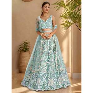 Dazzling Sky-Blue <b>Sequins</b> Net Engagement Lehenga Choli for Women - Product Image 6