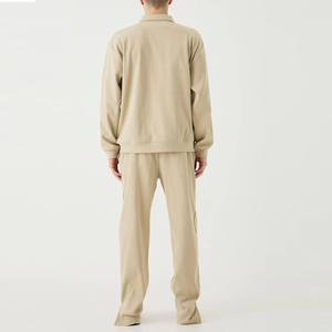 Survêtement en coton beige pour homme, manches longues, fermeture éclair, couleur unie, vêtement d'automne décontracté avec poches latérales, coupe classique - Product Image 2