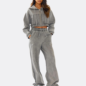High Quality Custom Vintage Tracksuit Men <b>Women</b> Distressed Unisex Sweatsuit Men Acid Wash Jogger Flare <b>Sweatpants</b> and Hoodie Set - Product Image 1
