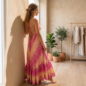 Vestido Maxi Bohemio Y2K para Mujer, sin Espalda, con Cuello Halter, Estampado Paisley, de Seda India, Corte A, con Borlas, Tejido Natural, para Verano y Playa - Product Image 4