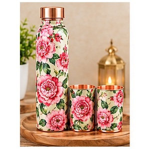 Ensemble de bouteilles d'eau en cuivre doré de luxe avec motif floral, motif noir et rouge, vaisselle portable pour la maison - Product Image 4