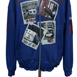 Sweat à capuche zippé oversize pour homme, style streetwear urbain, en molleton bleu roi avec patchwork graphique personnalisé et strass - Product Image 4