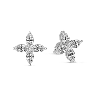 Magnifiques boucles d'oreilles clous en or massif 18 carats certifiées IGI, motif trèfle fleuri, serties de diamants de laboratoire taille marquise, pour femme - Product Image 2