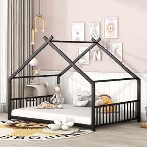 Letto a capanna in metallo nero a grandezza naturale per bambini - Product Image 1