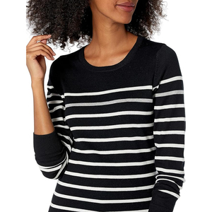Pull en tricot à col rond à rayures noires et blanches pour femmes, manches longues, décontracté, toutes saisons, 100% coton, anti-boulochage - Product Image 6