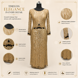 Vestido de Noche de Lentejuelas Doradas de Lujo para Mujer |   Elegante Vestido Largo de Manga Larga |   Ropa de Fiesta de Diseño Premium para Bodas y Recepciones Formales - Product Image 4