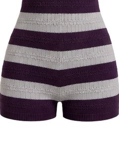 Combinaison en tricot rayée violet foncé et blanc pour femme, manches courtes, col polo, coton, été, décontractée, une pièce, coupe ajustée, personnalisable - Product Image 6