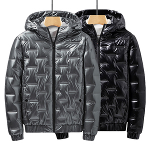 Blouson matelassé brillant personnalisé pour homme, gris et noir, à capuche, zippé, chaud pour l'hiver, rembourré, coupe-vent, pour l'extérieur, commande en gros - Product Image 4