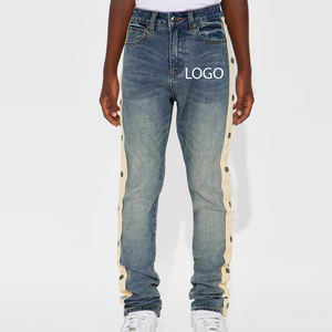 Jeans de mezclilla para niños con cintas laterales, corte ajustado, cierre de botón y diseño elegante para compradores al por mayor / Logotipo personalizado - Product Image 1