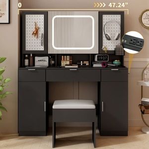 "Large LED <b>Makeup</b> Vanity Table with Lighted <b>Mirror</b> 2 DIY Pegboards 5 Hooks Charging Station Dressing Station" - Product Image 5