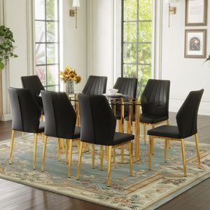 Set di Tavolo da Pranzo Ovale in Vetro Temperato da 71 Pollici e 8 Sedie in PU Nero con Colonna Doppia Dorata, Arredamento per Sala da Pranzo di Lusso - Product Image 1