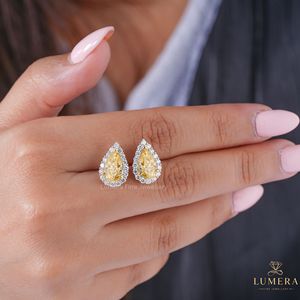 Premium Fancy Yellow Pear Diamond Halo Cluster Setting Studs IGI Certified 18K Solid Gold Teardrop Minimal Party Wear <b>Earrings</b> - Product Image 2