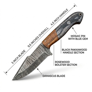 Cuchillo de caza hecho a mano de acero de Damasco con mango de palisandro y pakkawood, hoja fija, funda de cuero, para camping al aire libre, bushcraft, full tang - Product Image 2