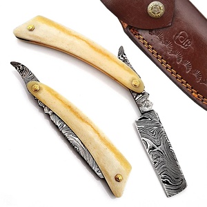 Handmade Custom Damascus Steel Razor Folding <b>Knife</b> <b>Bone</b> <b>Handle</b> Leather Sheath Survival Camping <b>Knives</b> A&M Enterprises - Product Image 1