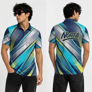 Camisetas Polo Deportivas para Hombre, Sublimadas, de Poliéster y Spandex Antipilling de 220 GSM, con Diseño Geométrico Azul y Triángulos Blancos Dispersos - Product Image 4
