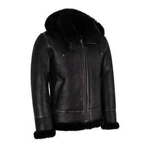 Blouson aviateur en cuir véritable pour homme avec doublure en peau de mouton à capuche, coupe-vent, manteau d'hiver, style motard, coupe classique - Product Image 1