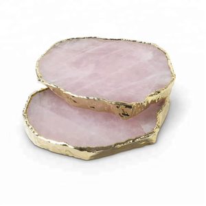 Posavasos de Cuarzo Rosa y Ágata, Juego de Posavasos de 100 mm Hechos a Mano con Borde Dorado - Decoración para el Hogar al por Mayor - Product Image 3