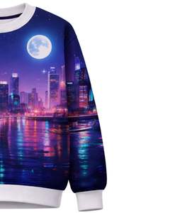 Sudadera Personalizada con Estampado 3D de Ciudad Nocturna en Azul y Morado Neón, Sudadera Casual con Cuello Redondo para Hombre, Top de Sublimación Personalizado para Ropa Urbana - Product Image 4