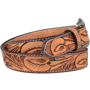 Cinturón de herramientas de cuero occidental de moda para hombre con diseño de hoja tallada a mano al por mayor personalizado con hebilla de PIN de latón de diseñador - Product Image 5