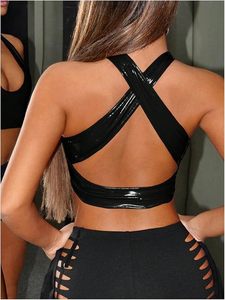 New Hot Women's PU Leather Halter Cropped Tank Backless Criss <b>Cross</b> Y2k Vest <b>Tops</b> Slim Fit Party Music Festival Wear OEM Service - Product Image 2