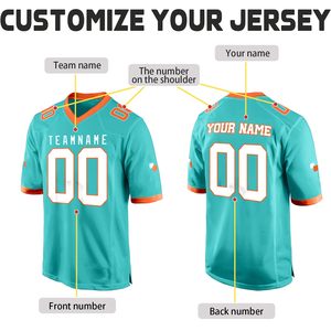 Camiseta de Fútbol Americano Personalizada en Verde Azulado y Naranja, Cuello en V, Manga Corta, Malla Transpirable, 100% Poliéster, Impresión Sublimada, Nombre del Equipo en la Parte Delantera - Product Image 3