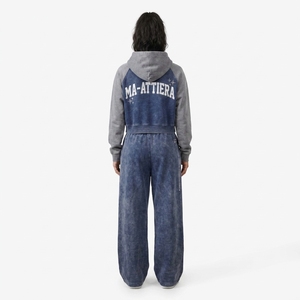 Custom Women Two Tone Navy Blue Gray Cropped Hoodie <b>Wide</b> <b>Leg</b> <b>Jogger</b> Set Cotton Fleece Tracksuit OEM Wholesale - Product Image 2