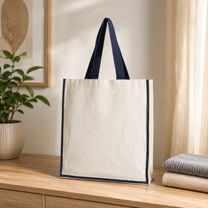 Grand sac fourre-tout en toile de coton 300 GSM, 45x49x12 cm, promotionnel, personnalisable, vente en gros, réutilisable, blanc cassé, avec ruban de 69 cm pour poignée - Product Image 5