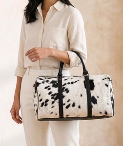 Cowhide Leather <b>Duffel</b> <b>Bag</b> Spotted Travel Weekender Handbag Zipper Closure Large Capacity Lightweight for Sports Travel - Product Image 4