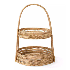 Two Tier Rattan Serving Tray With Handle Woven Wicker Fruit Stand Basket Decorative Food Platter <b>Kitchen</b> Dessert Display <b>Tower</b> - Product Image 1
