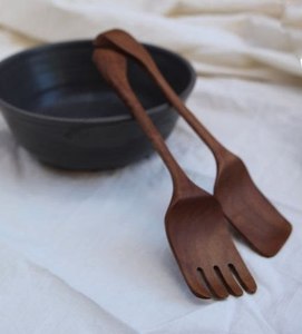 Wooden kitchen salad spoon fork serving set reusable natural bamboo utensils for food mixing and presentation - Product Image 1