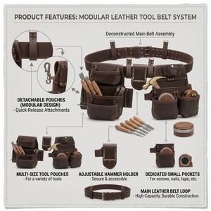 Heavy Duty Leather Tool Belt With Multiple Pockets Hammer Holder For Carpenter <b>Builder</b> Electrician Work Use DIY & Industrial - Product Image 3