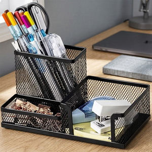 Metal Desk Organizer Square Pen Holder With Mesh Compartment Storage <b>Tray</b> For Office Supplies And Stationery Items - Product Image 1