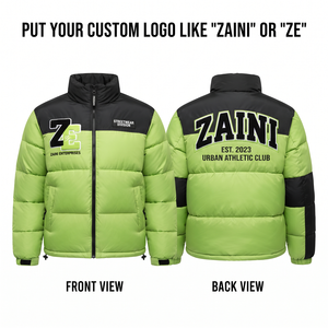 Veste d'hiver matelassée imperméable et coupe-vent ZAINI Premium 120 GSM en polyester, avec capuche, design à panneaux vert lime et noir - Product Image 1