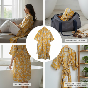 Robe kimono en coton à imprimé floral jaune pour femmes, col en V, manches longues, longueur longue, vêtements de nuit confortables, robe avec cordon de serrage fixe - Product Image 5