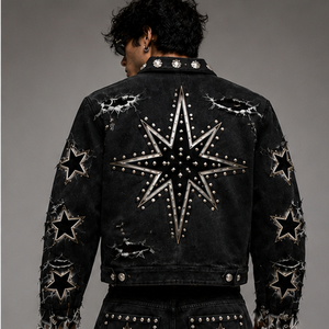 Custom Distressed Denim Jacket And Flame <b>Jeans</b> Set Vintage Star Studded Street Wear Fashion Outfit For Unisex Wear - Product Image 5