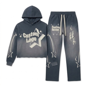 Custom Logo Star Embroidered Cropped Hoodie And <b>Jogger</b> Set Unisex Streetwear Two Piece <b>Oversized</b> Fleece Tracksuit For Men Women - Product Image 1